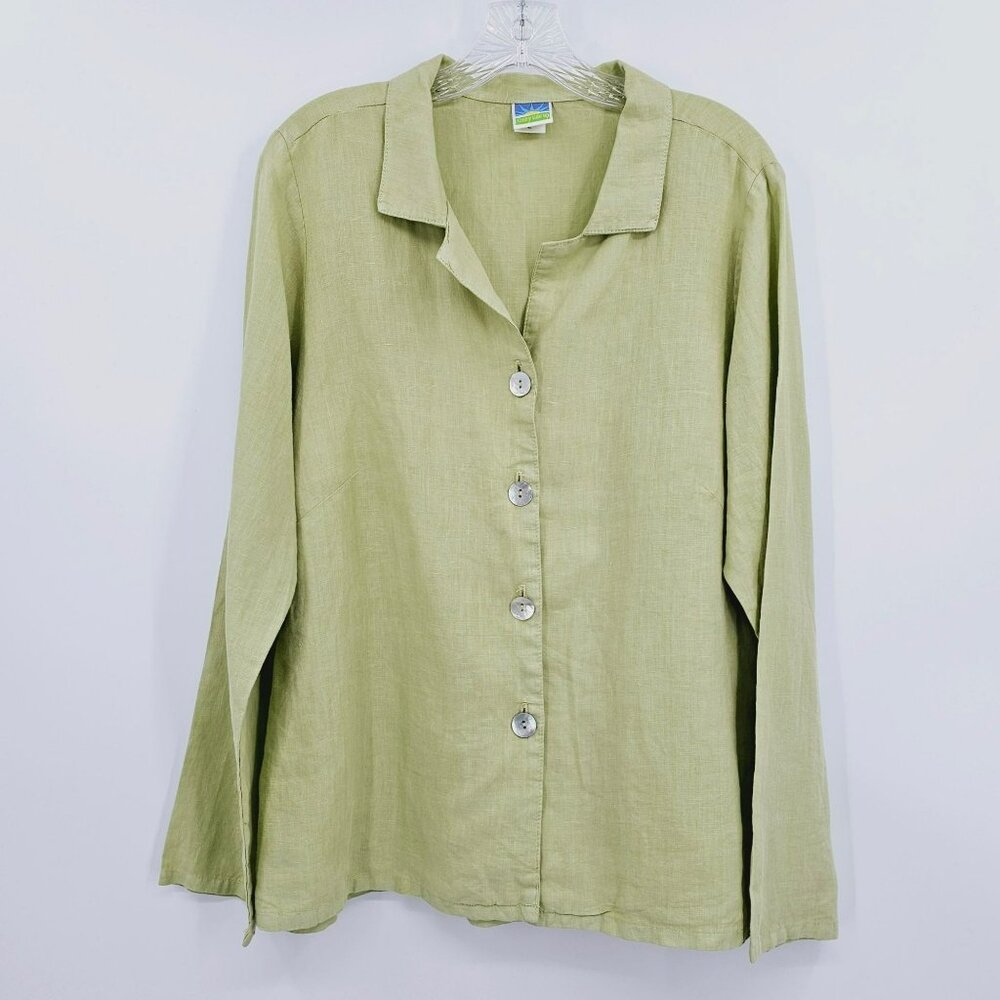 Sunny Side Up Linen Top L Button Up Green Long Sleeve Mother of Pearl USA Made